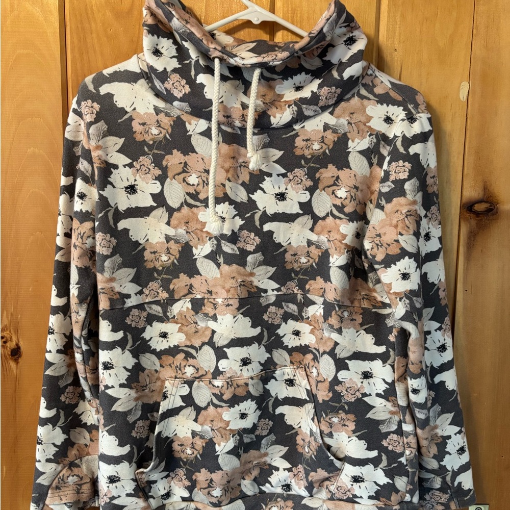 AMPERSAND AVE Floral Cowlneck Sweatshirt - Tan/Pink and Cream